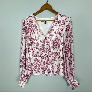 White House Black Market Womens Floral Long Sleeve Boho Style Top Size XS